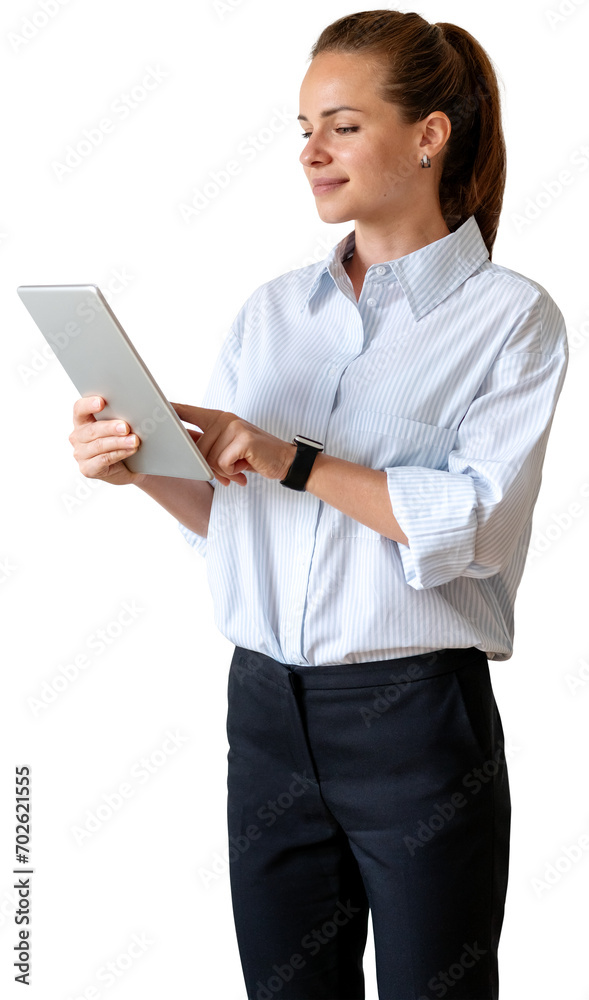 Isolated businesswoman wearing formal outfit using digital tablet. Isolated businesswoman wearing formal outfit using digital tablet.