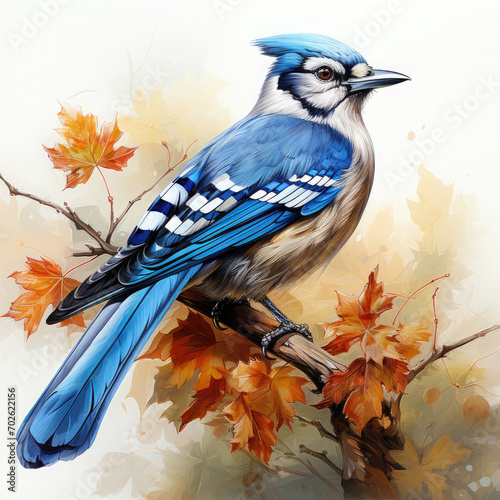 Watercolor Colorful Blue Jay Illustration, Generative Ai photo