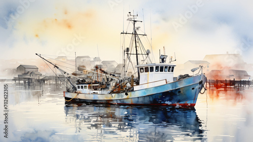 Fishing boat in harbor at morning watercolor painting