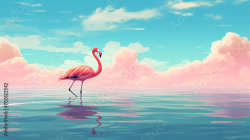 Flamingo standing on the sea against summer blue sky