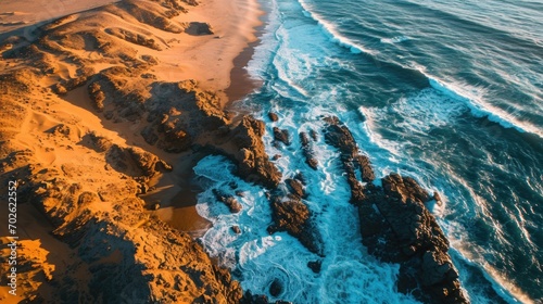 Aerial Photography, aerial view of the Namib Desert meeting the Atlantic Ocean, dramatic interplay of land and sea, orange sands against deep blue ocean, natural boundary