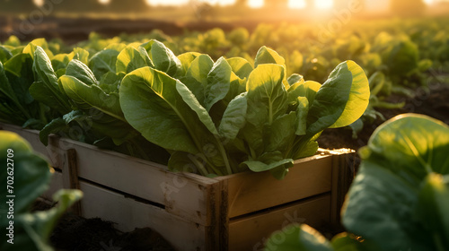 Pak Choi salad in a wooden box with field and sunset in the background. Natural organic fruit abundance. Agriculture, healthy and natural food concept. Horizontal composition. photo