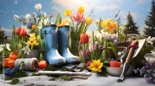 Gum boots with spring flowers and gardening tools with grass growing through the melting snow and moss. Concept of gardening, spring coming and winter leaving. photo