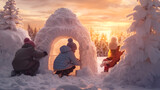 Group of children building igloo in winter countryside with snow covered surface, trees and sunset in the background.