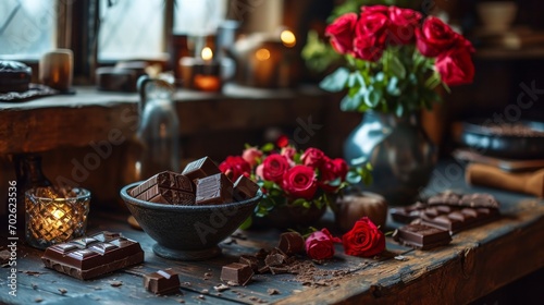 Valentine s day romantic scene with chocolates and flowers on the table on a michelen restaurant 