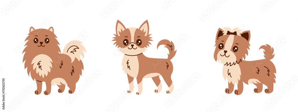 Small dog breeds vector set. Hand drawn collection of happy smiling puppies. Illustration of Spitz, Chihuahua, Yorkshire Terries in flat style. Pet characters design.