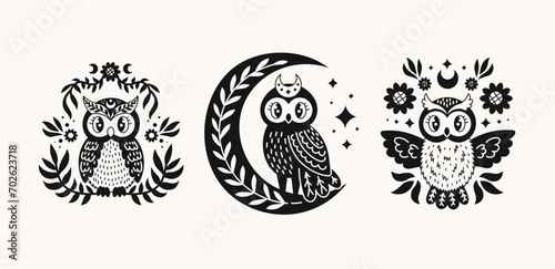 Owl doodle set. Cute hand drawn night bird characters collection with moon, branch, flowers and stars. Black colored mystical clipart. Vector illustration for print, t shirt, tattoo design