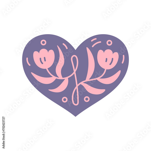 Purple heart with flowers vector illustration. Elegant decorative romantic design. Floral love symbol with botanical ornament, dots and tulips. Valentines day and wedding element