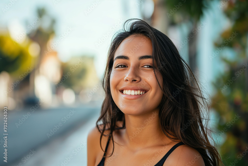 Radiant Hispanic Woman in Her 20s Exuding Confidence, Joy, and Latin American Pride Outdoors - A Portrait of Vibrant, Authentic Latina Elegance and Diversity