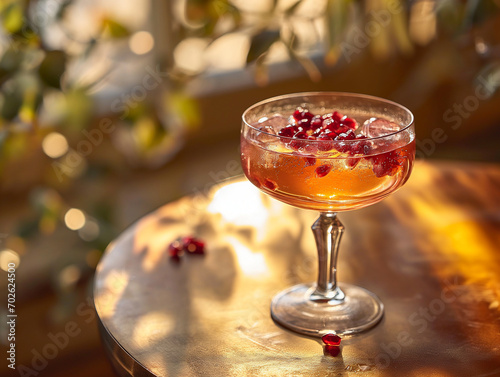 Anatomy of a Cocktail with Bitters and Candied Pomegranate Seeds in a Highball Glass on a Mid-century Side Table photo