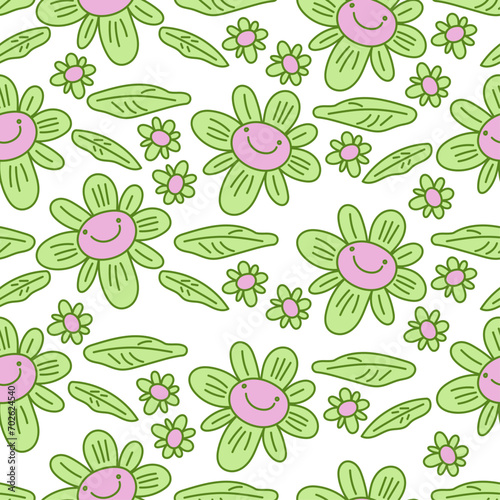 seamless pattern with flowers in the style doodle with groovy daisy flowers for childrens clothes  wallpaper  wrapping paper