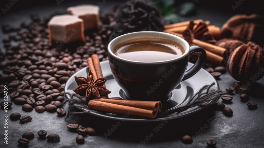 Coffee cup and saucer with coffee beans, cinnamon sticks, star anise and brown sugar on dark background Coffee cup and saucer with coffee beans, cinnamon sticks, star anise and brown sugar on dark background