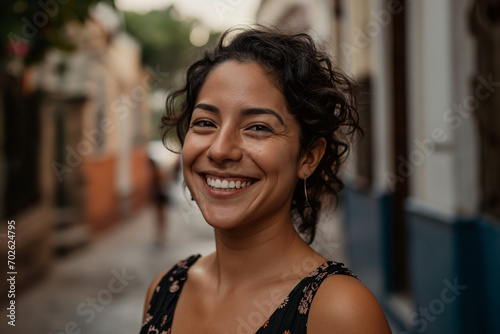 Radiant Middle-Aged Hispanic Woman Smiling Outdoors - Authentic Latin American Pride, Joyful Female Expression, Elegance in Her 30s, Embracing Cultural Heritage and Diversity with Warmth and Positivit photo