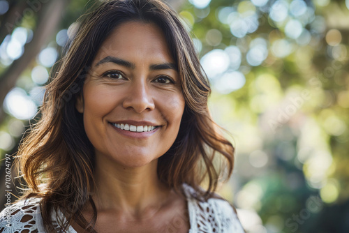 Radiant Hispanic Woman in her 40s-50s Smiling Confidently Outdoors - Portrait of Latin American Pride, Diversity, and Vibrant Mature Beauty
