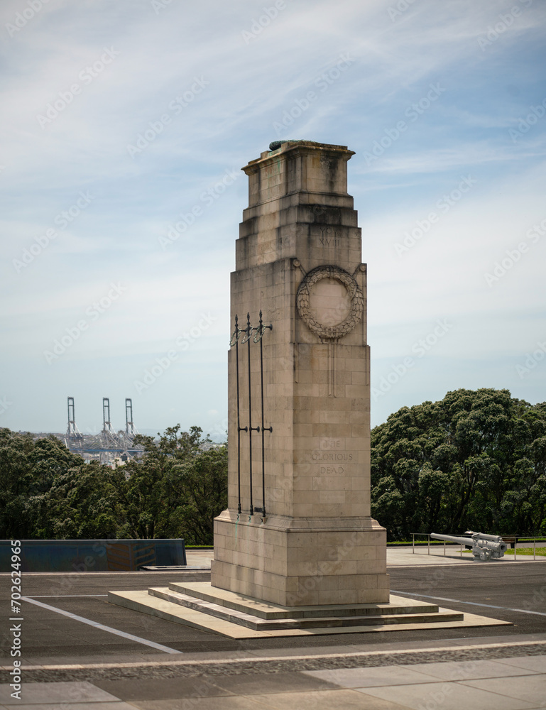 Auckland Cenotaph, Auckland War Memorial Museum, Park Surroundings, Port Cranes in the distance, Auckland, New Zealand