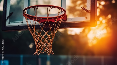 Basketball hoop on a basketball court. Close-up of a basketball hoop. © LAYHONG