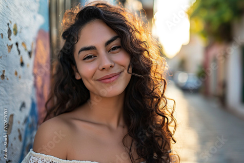 Radiant Hispanic Woman in Her 20s Exuding Confidence, Joy, and Latin American Pride Outdoors - A Portrait of Vibrant, Authentic Latina Elegance and Diversity