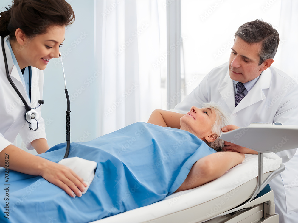 Two doctors, helping examine a patient lying in bed, in the hospital, Two doctors, helping examine a patient lying in bed, in the hospital,