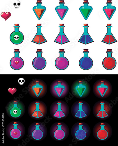 icons for games HP potions, MP, mana, poison bottle and various potions , various icon illustrations ready for online or offline games
