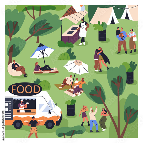 Open-air food festival, public picnic in park, square card. Outdoor summer fest in nature. Happy tiny people, holiday leisure, weekend hangout, characters dancing, eating. Flat vector illustration