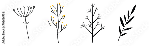 Black Herbs and Twig with Stem and Stalk Vector Set