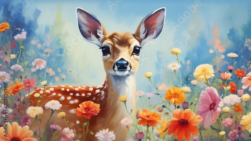 A cartoon deer with gentle eyes and a serene expression, framed by the vibrant colors of blooming flowers in a springtime meadow.