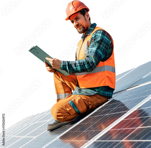 Full length portrait of a male engineer leaning on solar cell panel and holding a clipboard photo