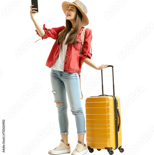 Full length traveler tourist woman in casual clothes hat hold suitcase do selfie on mobile cell phone. Passenger travel abroad weekends. Air flight journey concept