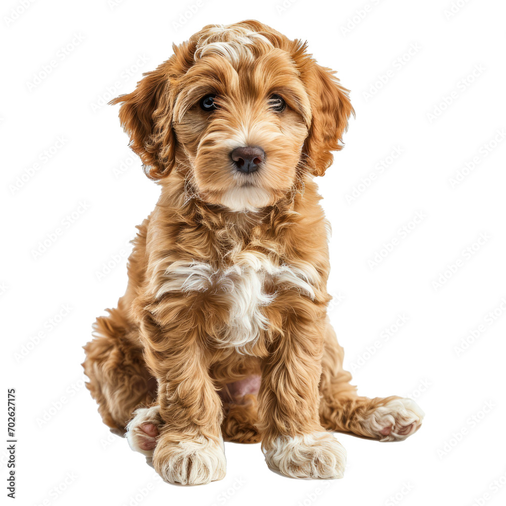 Cute young Cobberdog aka Labradoodle dog puppy. Sitting up side ways. Looking towards camera. isolated on a white background