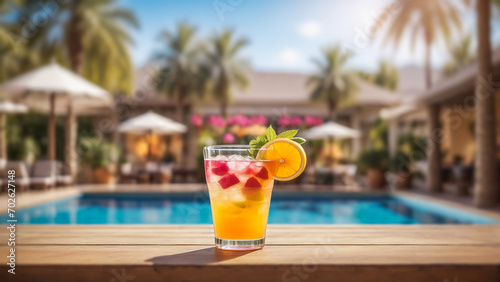 A glass with a cold cocktail on a hot day by the pool