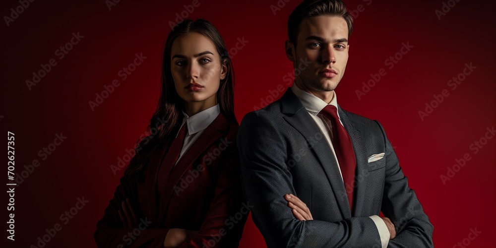 A pair of legal professionals in suits against a deep red background A pair of legal professionals in suits against a deep red background