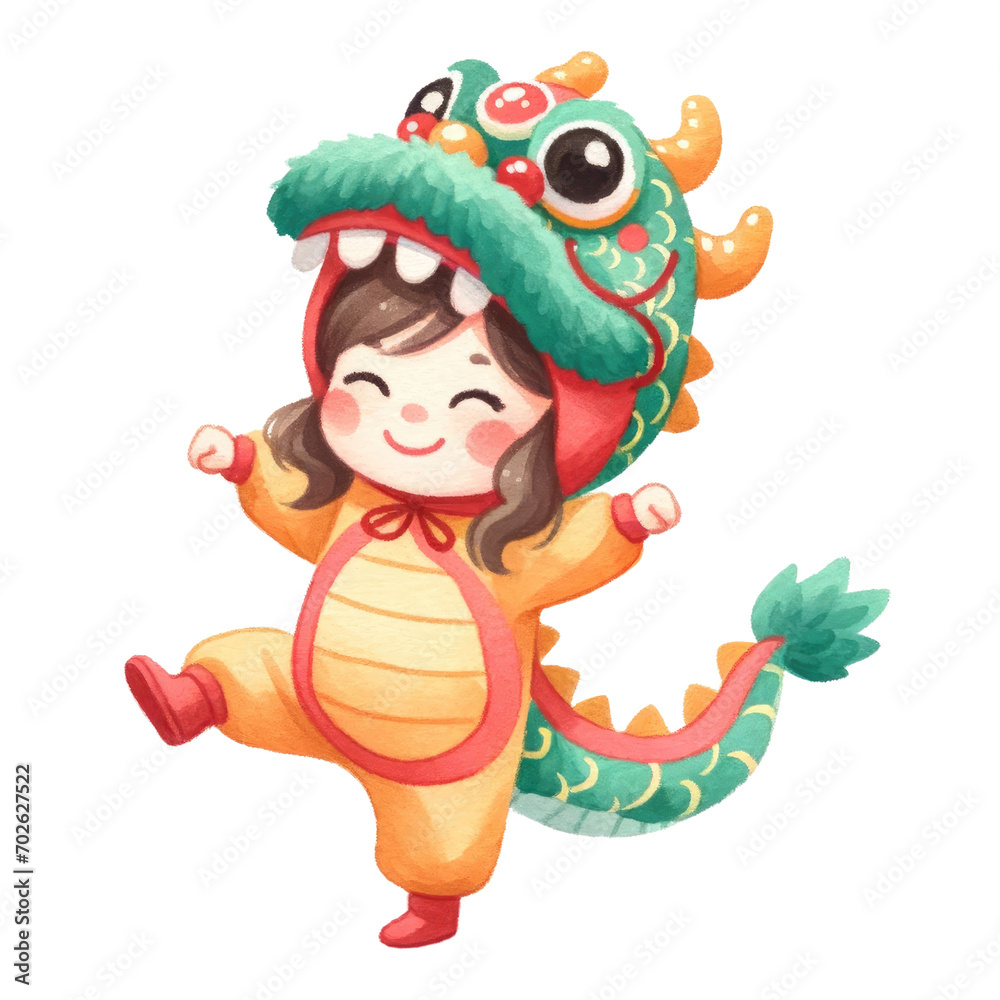 Watercolor girl in a dragon suit. Chinese New Year concept. Dragon suit girl clipart.