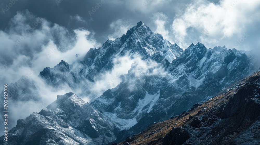 majestic Himalayan peaks shrouded in clouds, panoramic shot, high-altitude drama, clouds hugging the snowy peaks, stark whites and icy blues, raw and powerful nature.