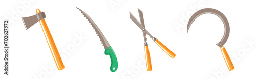 Garden Tool with Axe, Knife, Scythe and Secateurs Vector Set photo