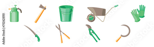 Garden Tool with Bucket, Axe, Wheelbarrow, Glove and Pruner Vector Set