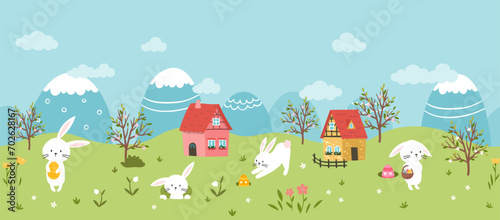 Cute Easter Egg hunt design for children, hand drawn with cute bunnies, eggs and decorations - great for party invitations, banners, wallpapers - vector photo