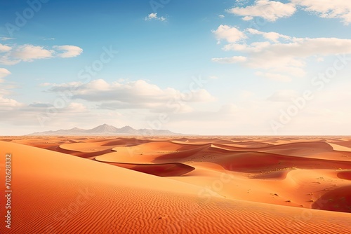 Vast desert dunes under a clear sky, with distant mountains