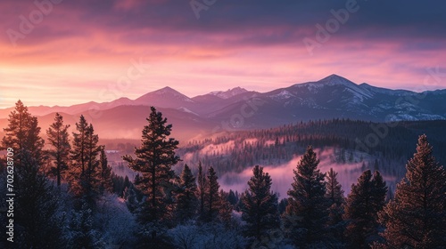 dawn light over the Rocky Mountains with a layer of morning mist, new day awakening, vibrant oranges and purples of dawn, peaceful and refreshing.