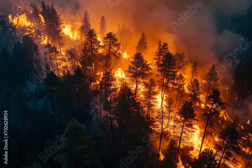 Aerial shot of forest fires at night