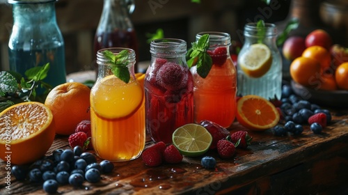 healthy drinks with fruits in glass carafes on table with glasses, cool presentation 