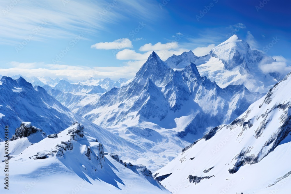 Fototapeta premium Sunlit mountain range with snow under a dynamic sky