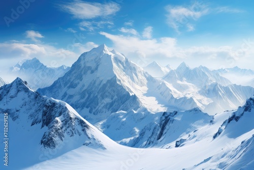 Majestic snowy peaks with soft clouds in a blue sky