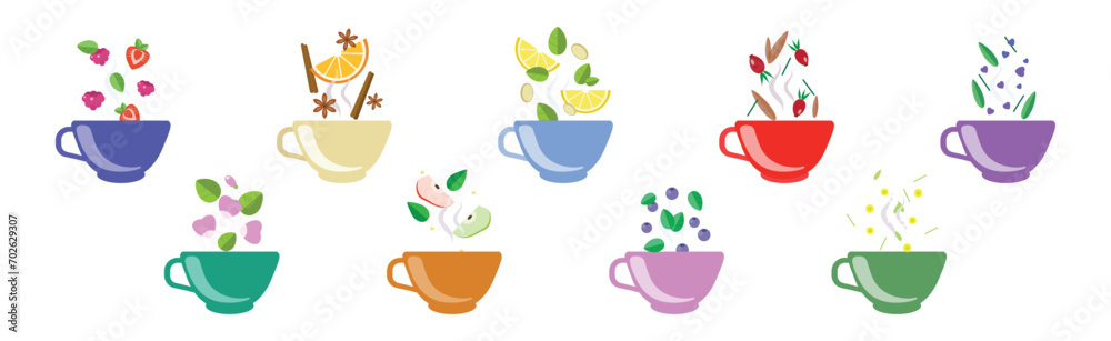 Different Herbal Tea in Cup with Ingredients Vector Set Different Herbal Tea in Cup with Ingredients Vector Set