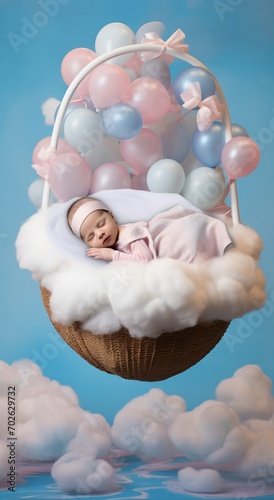 Newborn baby girl sleeping in a basket with clouds and balloons photo