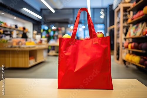 Red shopping bag with apples on a table in a modern grocery store photo