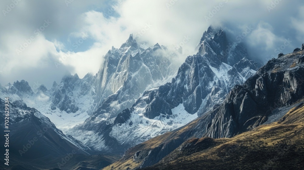 Landscape Photography of Andes Mountains enveloped in a soft cloud cover, clear morning light, clouds flowing over rugged peaks, cool greys and natural stone colors, grandeur of the Andes