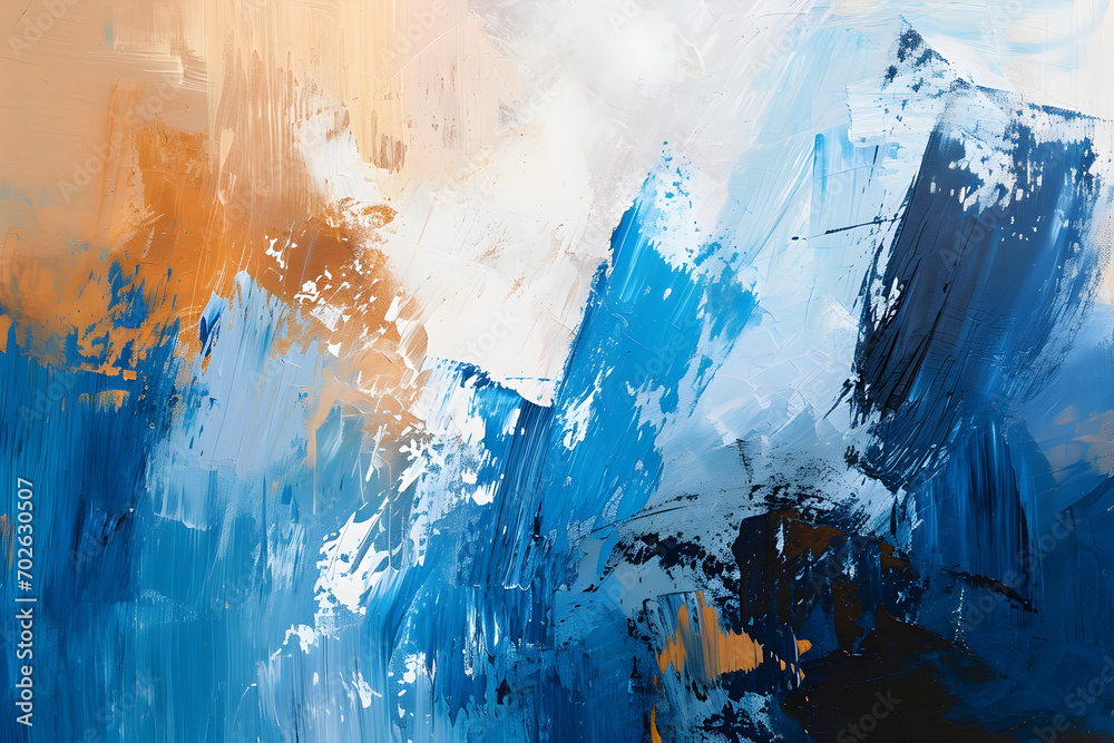 abstract blue and white background, peach fuzz details, dynamic abstract painting 