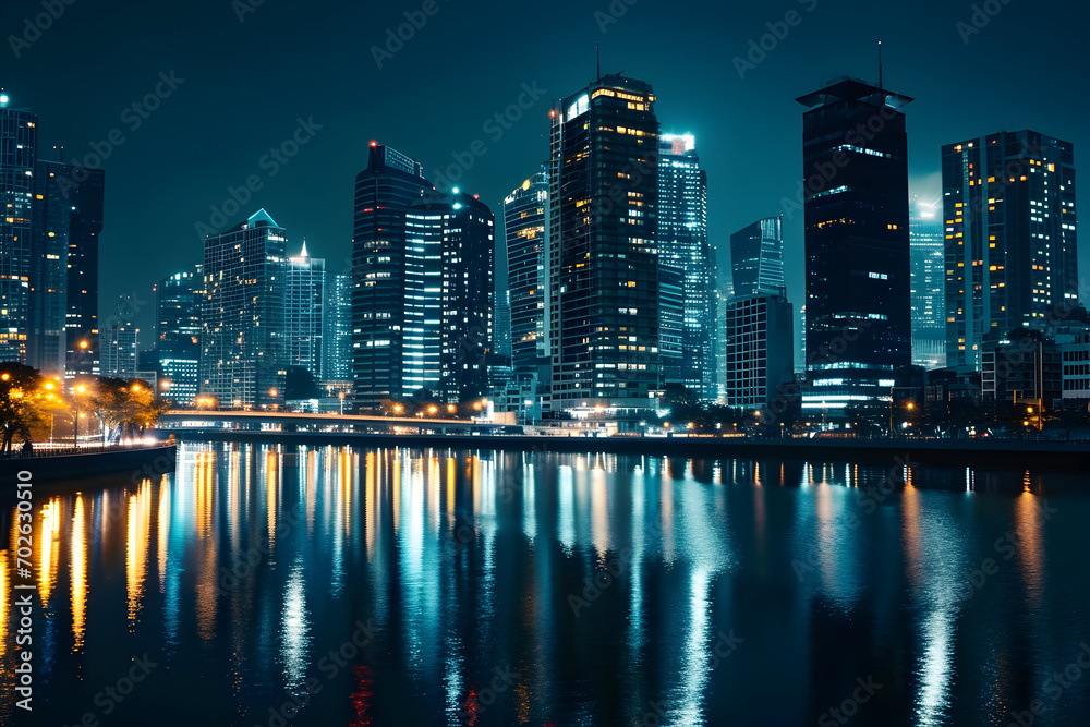 City lights reflected on water, urban background
