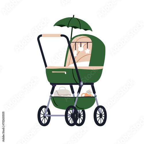 Pram, baby carriage. Newborn cradle, wheeled stroller. Infants pushchair with umbrella, sunshade, toys, storage basket. Kids transport. Flat vector illustration isolated on white background