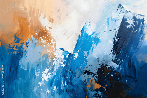 abstract blue and white background, peach fuzz details, dynamic abstract painting 
